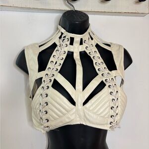 Dolls Kill Club Exx Rude Awakening Lace-Up Faux Leather Harness Crop Top
